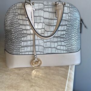 Michael Kors Silver and Cream Croc-Embossed Satchel